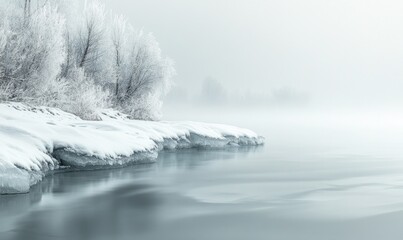 Poster - A snowy landscape with a body of water and trees in the background