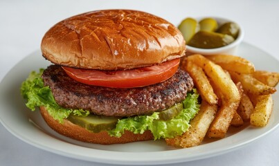 A hamburger with a tomato and lettuce on top of a bun