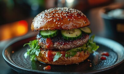 A burger with cucumbers and red sauce on a black plate