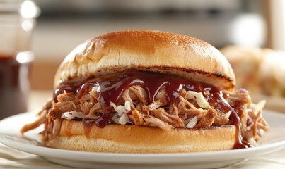 A large, thick pulled pork sandwich with coleslaw on a white plate