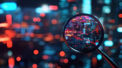 Poster - Magnifying Glass on Cityscape with Stock Market Chart