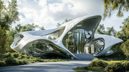 A futuristic facade made of metal and glass