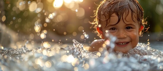 Wall Mural - A happy little boy splashing in the water with a big smile on his face, while looking directly at the camera.