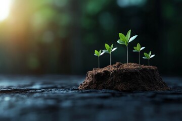 Five small seedlings sprout through soil with sunlight bathing them, symbolizing growth, hope, and the beginning of new life in a natural setting.