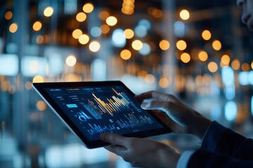Poster - Hands hold a digital tablet with a vibrant data chart displayed on-screen, set in a tech-savvy environment, highlighting analysis and technology.