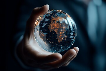Poster - a hand holding a glowing digital representation of earth with illuminated networks, illustrating glo