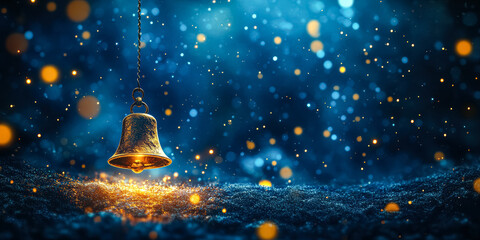 Wall Mural - bell is hanging from a chain in the snow. the bell is surrounded by a lot of sparkles, which gives t