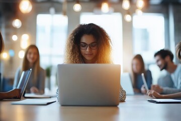 Poster - A woman with glasses works on her laptop in a bright, modern space surrounded by colleagues, emphasizing productivity and collaboration in a digital environment.