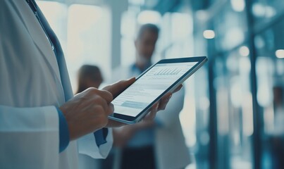 A doctor using a tablet computer to access medical information.