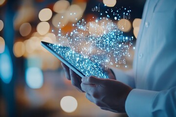 Poster - A man holds a digital tablet emitting glowing data particles in a blurred background, symbolizing technology, innovation, and digital transformation in modern society.