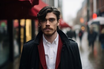 Sticker - Portrait of a handsome young man in a coat on the street