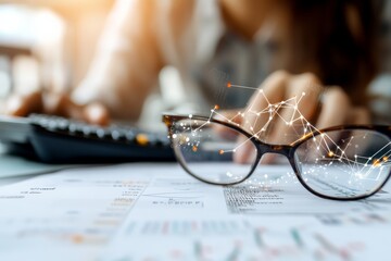 Poster - Image of glasses resting on documents focusing on statistical charts, with an abstract network design overlay, representing analysis and modern technology interaction.