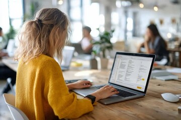 Poster - a woman, wearing a yellow sweater, focused on her work at a laptop in a modern, bustling open office