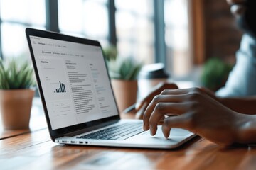 Poster - A person types on a laptop while reviewing website analytics data in a modern workspace. Green plants and a coffee cup add ambiance to this productive scene.