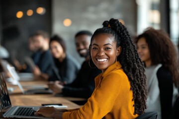 Poster - A cheerful woman with long hair is seen at a work setting, engaged with her laptop. She is seated among colleagues, creating a vibrant, collaborative atmosphere.