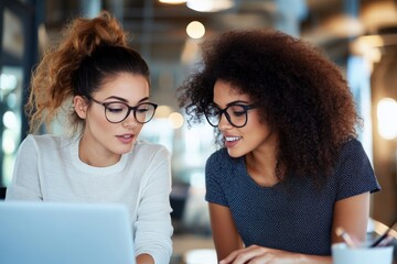 Poster - Two women wearing glasses are collaborating over a laptop in a brightly lit office, reflecting teamwork, focus, and modern professional interaction.