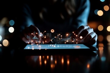 Poster - A person interacts with a tablet emitting a digital glow in a dark setting, symbolizing technology, communication, and the digital network age.