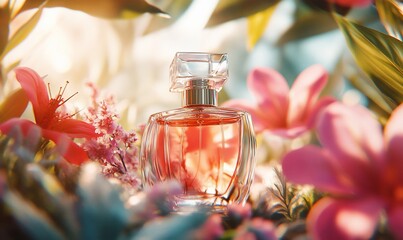 Wall Mural - A glass bottle of perfume sits on a bed of pink flowers with a golden light shining through the foliage behind.