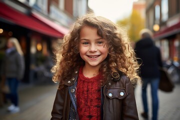 Wall Mural - Portrait of a beautiful little girl with curly hair on the street