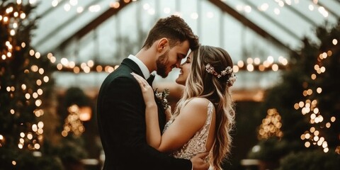 romantic wedding couple embracing in enchanting indoor garden setting