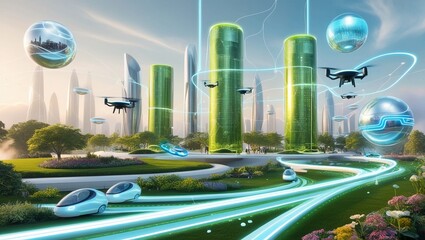 Poster -   Digital Green Smart City with Floating Tech Elements and Connections