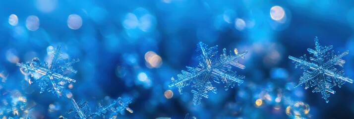 Poster - Softly glowing snowflakes sparkle in varying shades of blue, creating a mesmerizing and tranquil winter ambiance. Generative AI