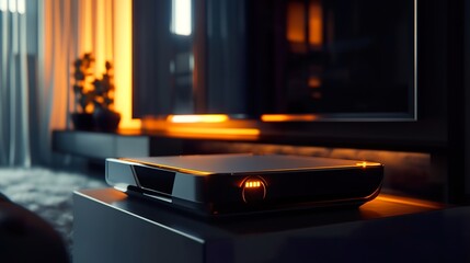 A sleek and modern gaming console with a glowing power button, sitting on an entertainment center.