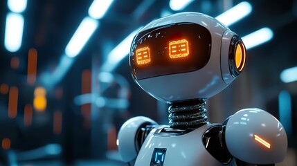 A sleek, futuristic robot standing in a high-tech laboratory, illuminated by soft LED lights.
