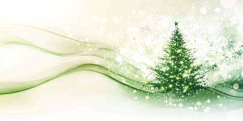 Wall Mural - christmas tree is lit up with a star on top. the tree is surrounded by a wavy green background