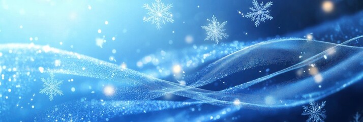 Poster - Delicate snowflakes shimmer against a soft blue background, evoking a sense of winter beauty and tranquility in a dreamlike setting. Generative AI