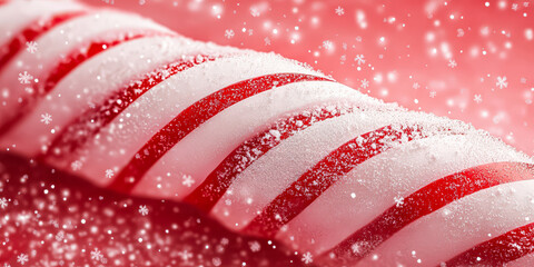 Wall Mural - red and white striped candy cane covered in snow. the snow is falling on the candy cane, giving it a