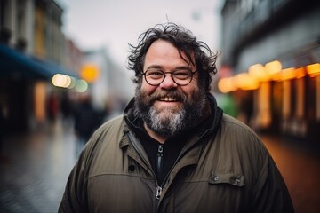 Sticker - Portrait of a bearded man with glasses in the city at night