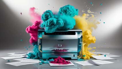 Poster -  Colorful Ink Explosion with Modern Office Printer