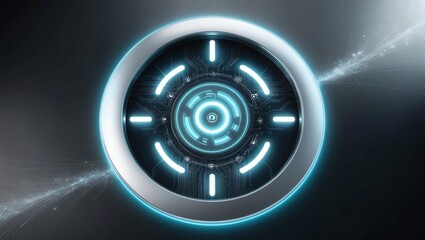 Poster -   Circular futuristic interface with white glowing symbols, representing digital innovation, technology, and scientific discovery