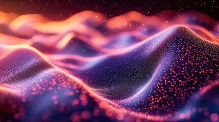 Wall Mural - An abstract depiction of a glowing digital energy field in orange and blue, featuring bright particles and flowing lines of light