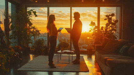 Silhouettes of two businesspeople meeting in a high-rise building, with a sunset skyline view. Symbolizes corporate dialogue and future planning