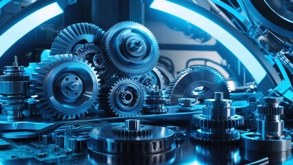 Poster -   Gears and mechanical components glowing in blue light, representing industrial innovation, automation, and advanced machinery in a hightech environment