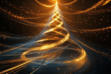 Poster - A vibrant and kinetic design features a Christmas tree crafted with swirling golden lights, evoking holiday cheer and celebration. Generative AI