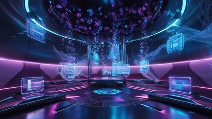Poster -   Abstract blue and white swirling particles, symbolizing energy flow, technology, and the concept of electricity and power in a digital world