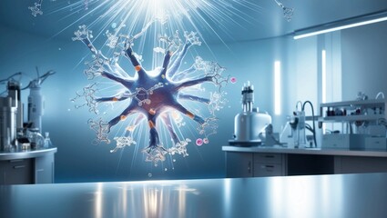 Poster -   Abstract blue and white molecules in a scientific background, representing molecular structures, science, biology, and chemistry technology