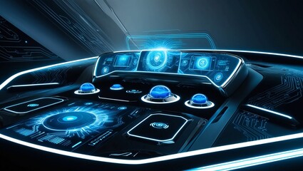 Poster -   Closeup of a futuristic dashboard with blue glowing interfaces, representing cuttingedge technology, digital networks, and advanced computer systems