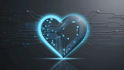 Poster -   Heartshaped icon integrated with digital circuits and technology, symbolizing the intersection of health and modern technology, medical innovation, and digital healthcare