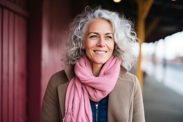 Sticker - Portrait of a happy senior woman standing in train station, smiling