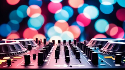 Poster -   Closeup of a DJ sound mixer with colorful bokeh lights in the background, symbolizing music technology, sound engineering, and live audio performance equipment