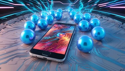 Poster - smartphone showcasing artificial intelligence (ai) technology, surrounded by glowing blue spheres in