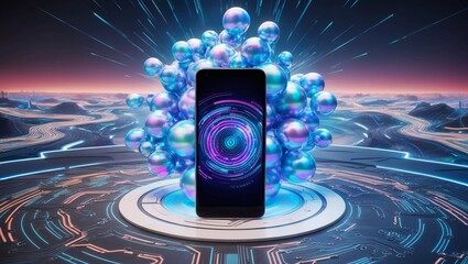 Poster -   Smartphone showcasing artificial intelligence (AI) technology, surrounded by glowing blue spheres in a futuristic digital landscape