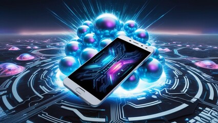 Poster -   Smartphone showcasing artificial intelligence (AI) technology, surrounded by glowing blue spheres in a futuristic digital landscape