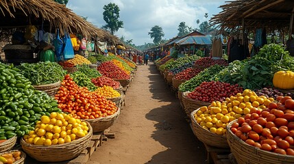 A bustling open-air market in Africa, filled with colorful produce displayed in baskets. The market stretches out in a long row, lined with vendors and customers.