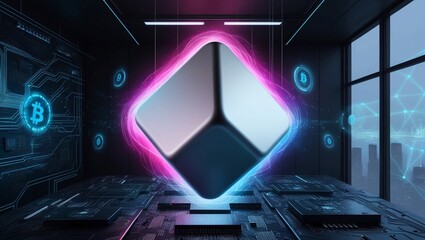 Poster -   Digital cube with glowing pink and blue lights in a futuristic tech environment, representing artificial intelligence, blockchain, and virtual innovation