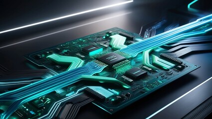 Poster -   Advanced Circuit Board with Fast Data Flow and Light Streaks in a Technological Environment